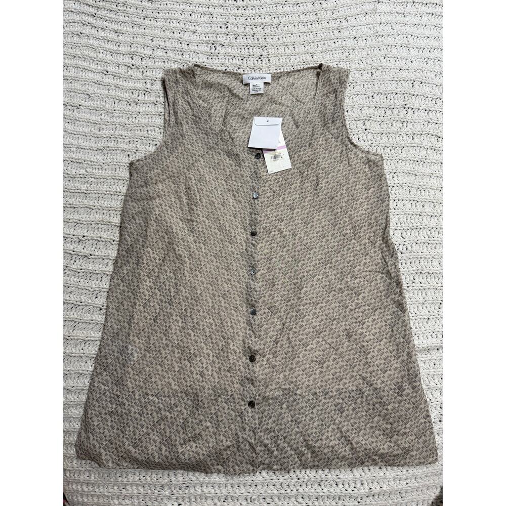 NWT Calvin Klein Silk Button Up Blouse Top Lined 1724Z5393M Womens Sz 6 Tan Gray